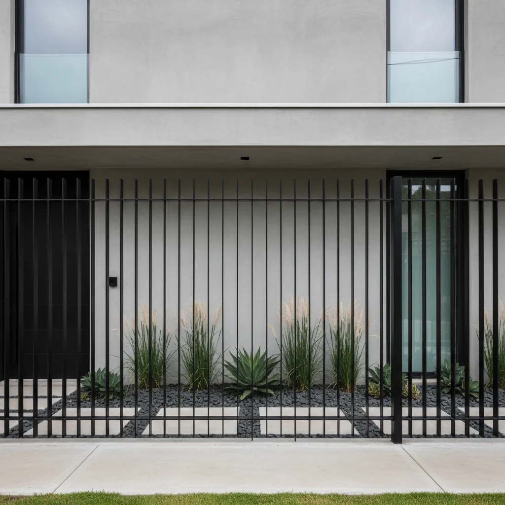 Reja metálica moderna con barras verticales en fachada residencial