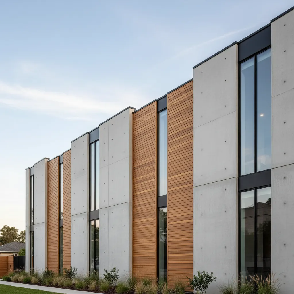 Fachada moderna con ventanas verticales estrechas