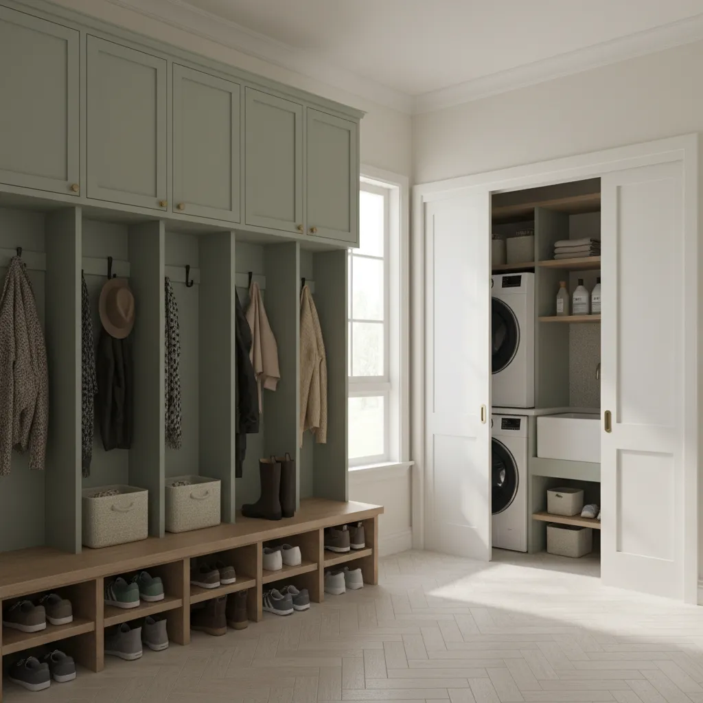 vertical storage cabinets and shoe cubbies in small laundry mudroom