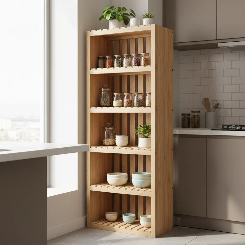 vertical multi tier wooden rack storing kitchen jars and dishes