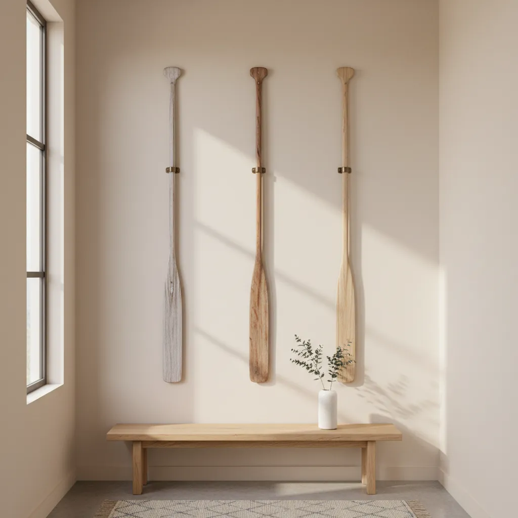 Three decorative oars vertically stacked on a narrow hallway wall