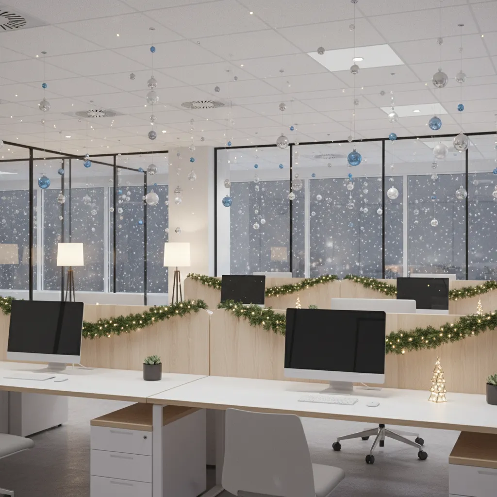 Office wall decorated with garlands and lights above desks