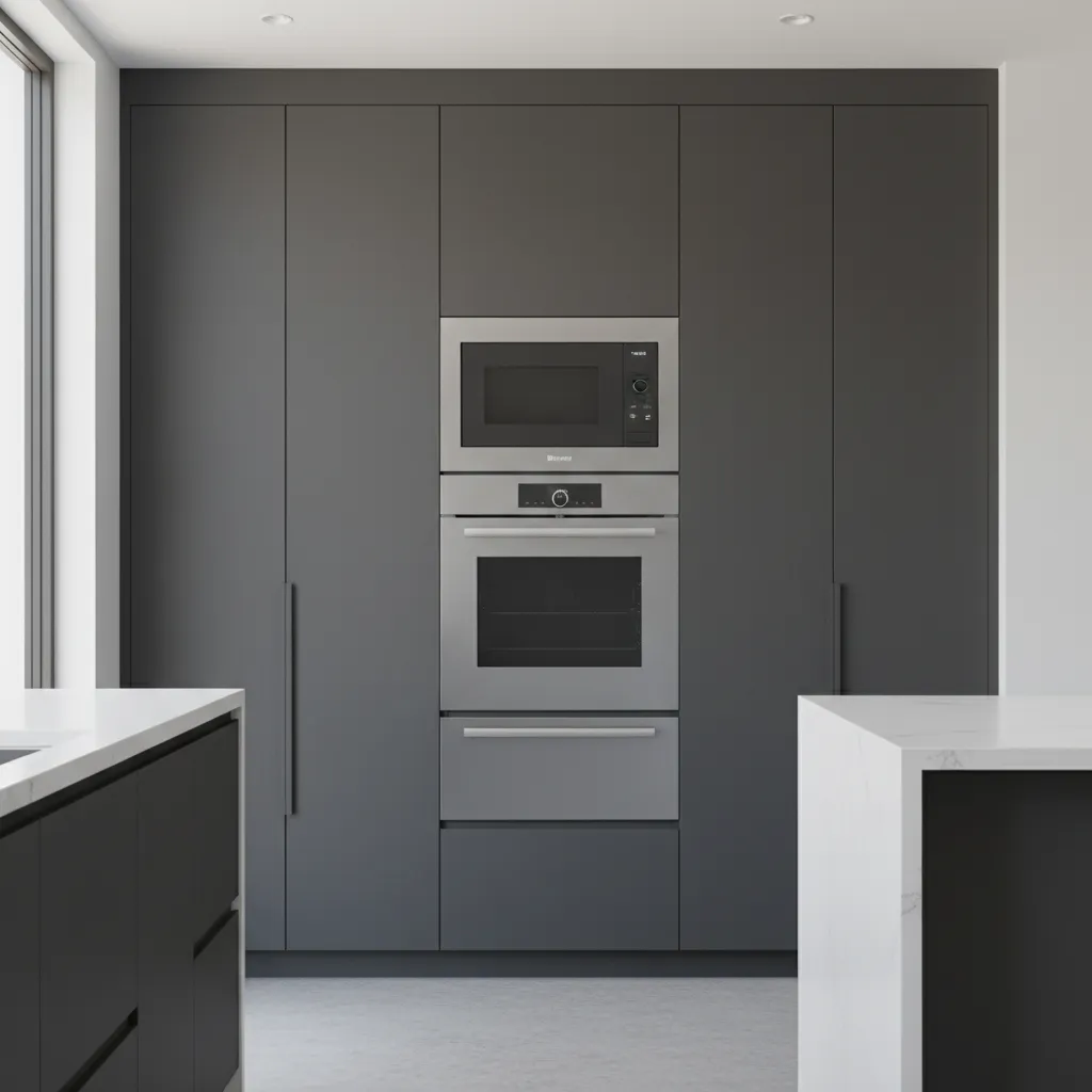 vertical appliance stack with oven and microwave in tall cabinet