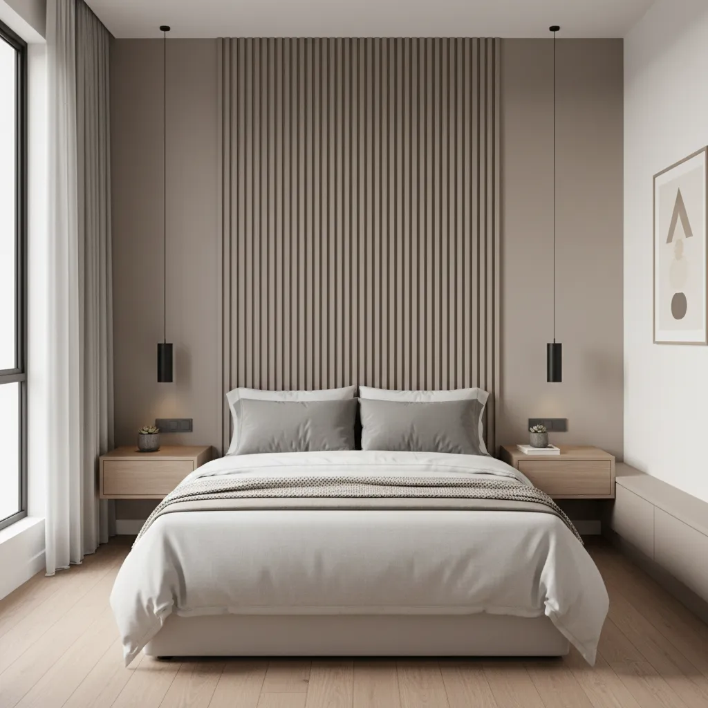 Small bedroom with vertical painted wall panel behind bed