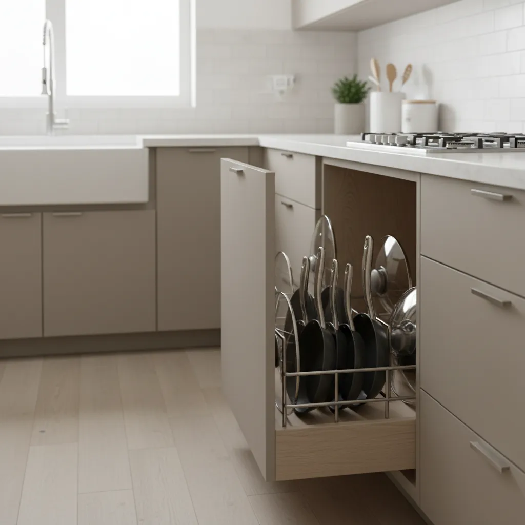 Vertical pull out kitchen cabinet drawer with metal rack holding black pans and clear glass lids
