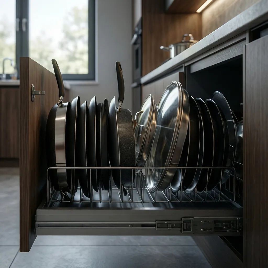 kitchen drawer with vertical dividers storing frying pans and lids