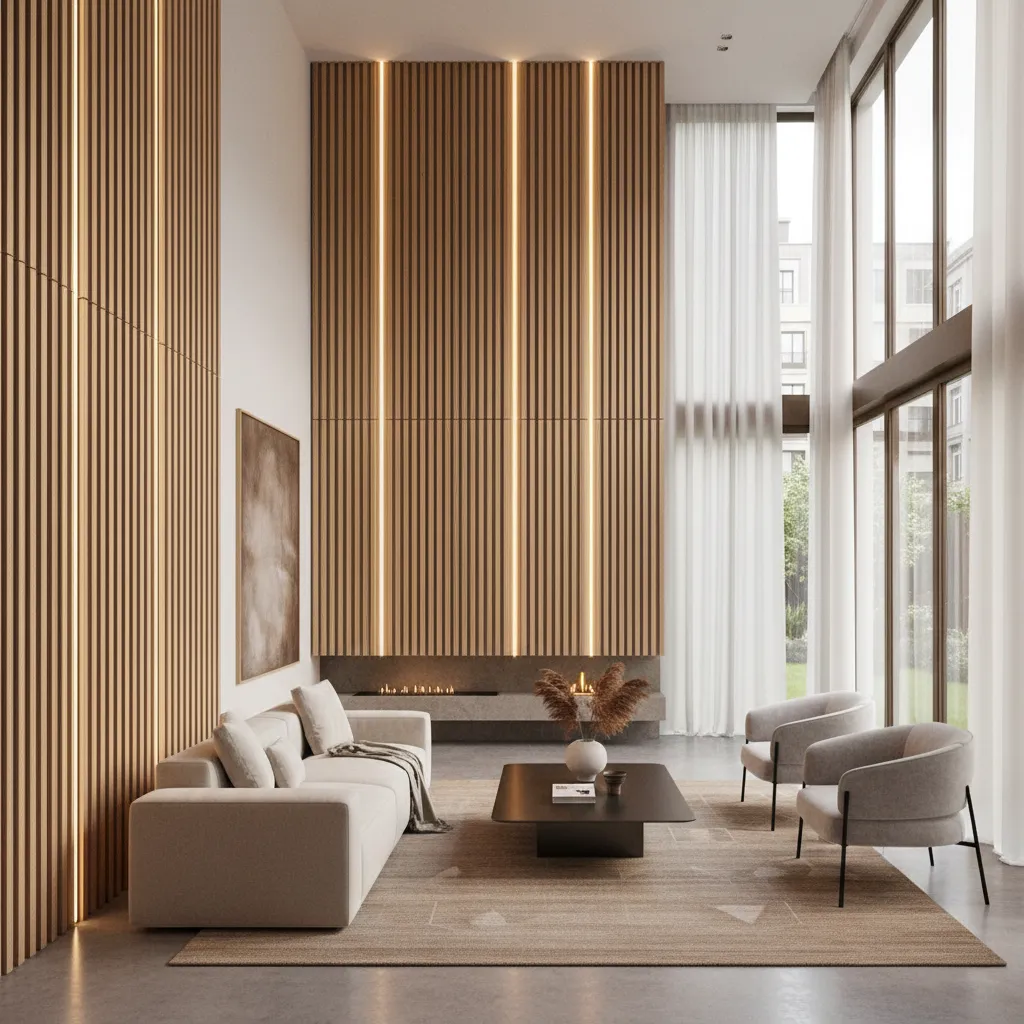 Double height wall with vertical wood panels and warm lighting