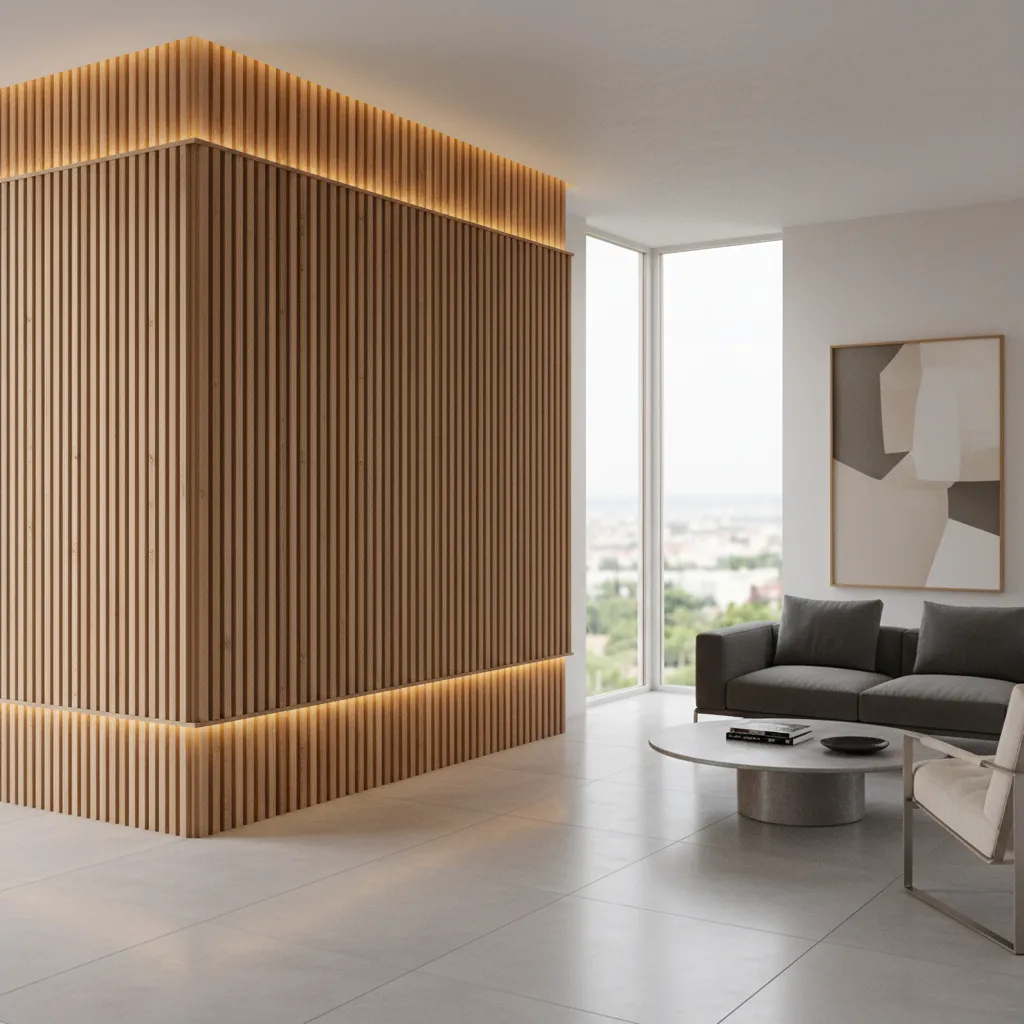 Modern wall with vertical wood slat panels and decor
