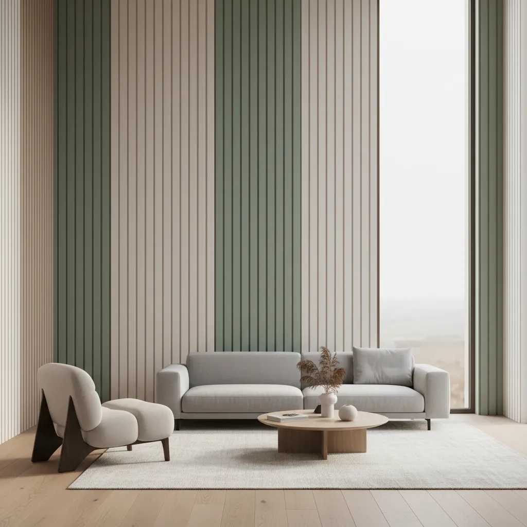 living room with vertical wall paint panels making ceiling appear taller