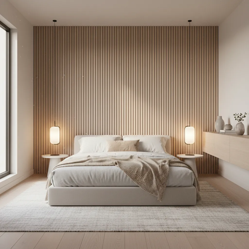 Small bedroom with vertical slat wall texture behind bed