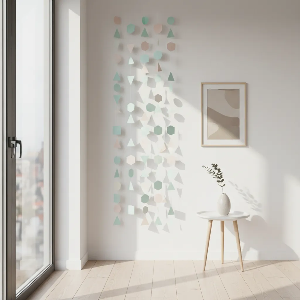 Vertical paper garland hanging beside a window in a small apartment