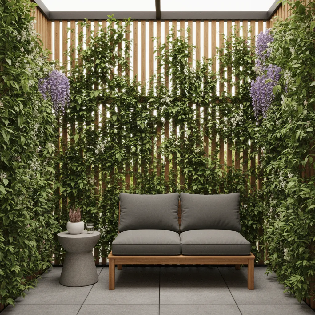 vertical trellis divider with climbing plants in compact patio