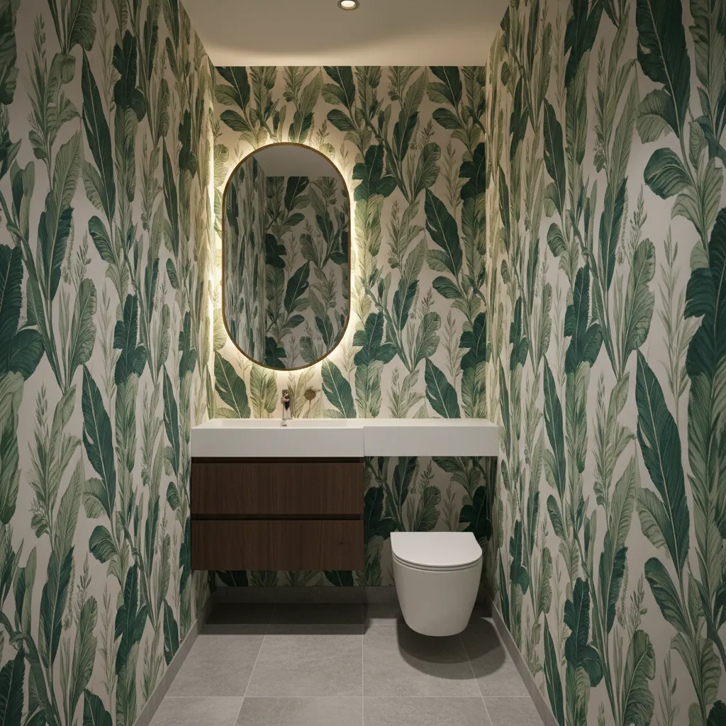 Small powder room with vertical botanical wallpaper pattern