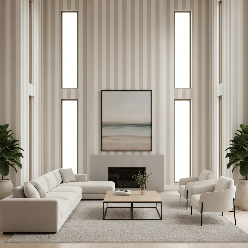 Living room with vertical pattern wallpaper making ceiling appear taller