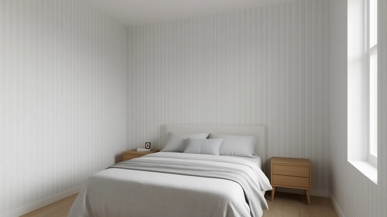 small room with vertical striped wallpaper making ceiling appear taller