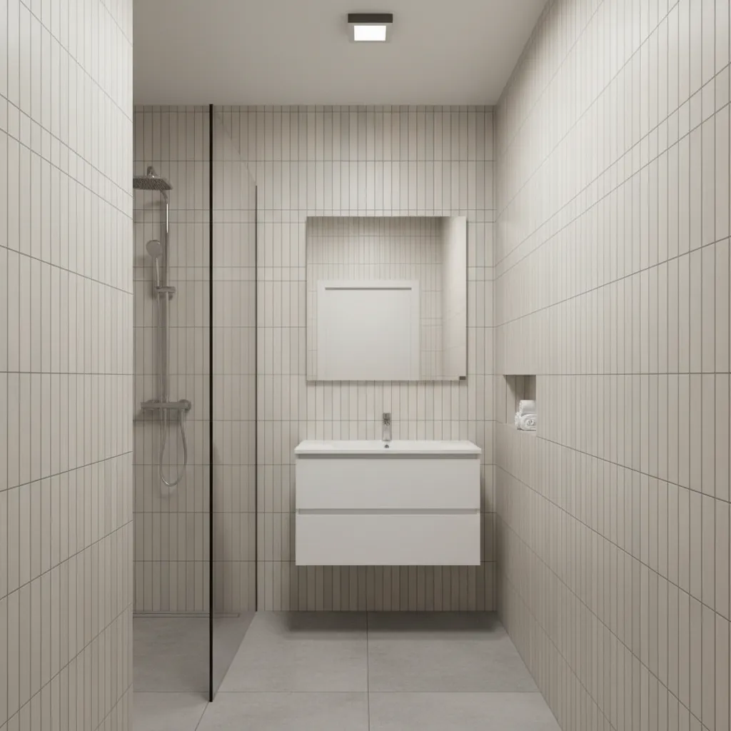 vertical peel and stick tile layout making bathroom appear taller