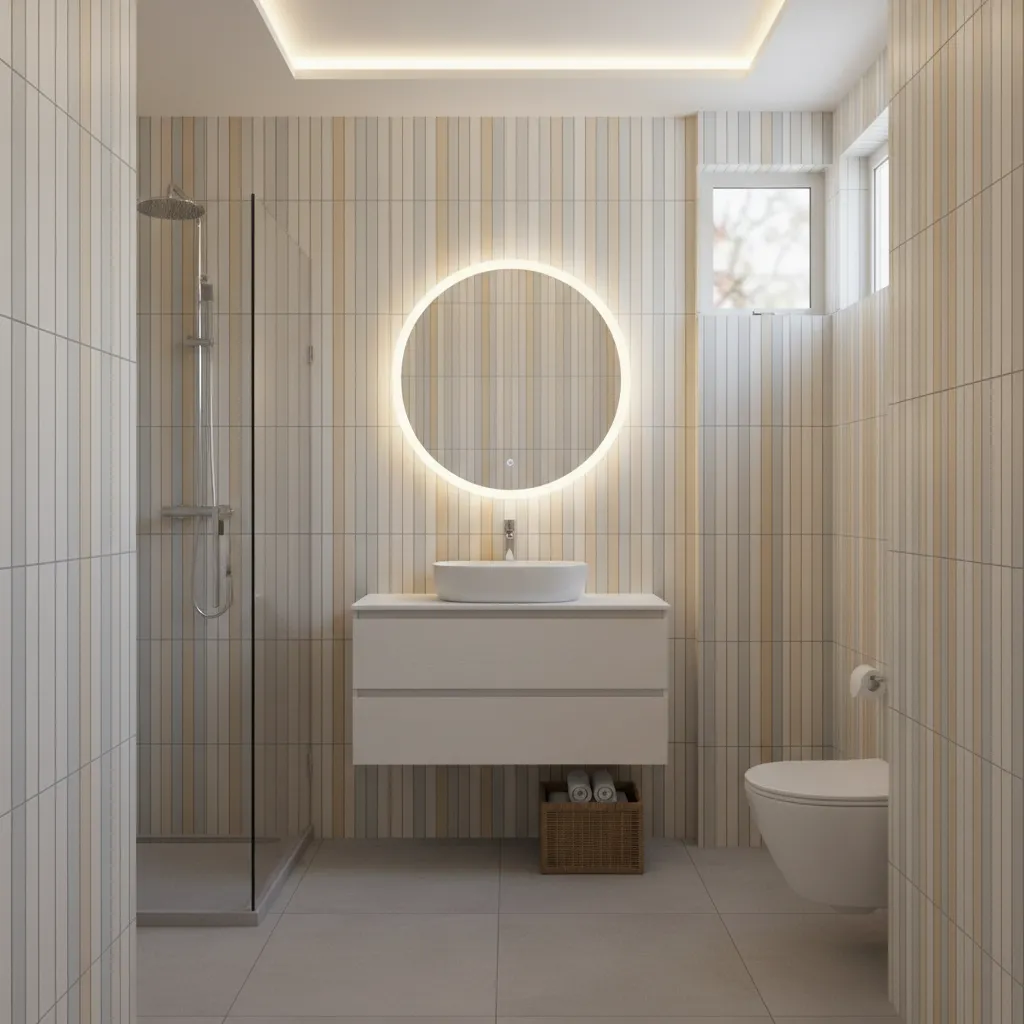 Small bathroom using vertical peel and stick tile layout