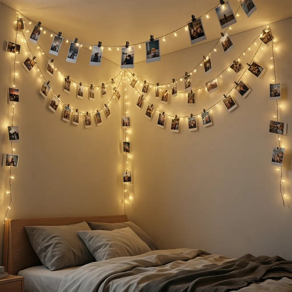 Vertical strands of photo clip lights hanging on bedroom wall