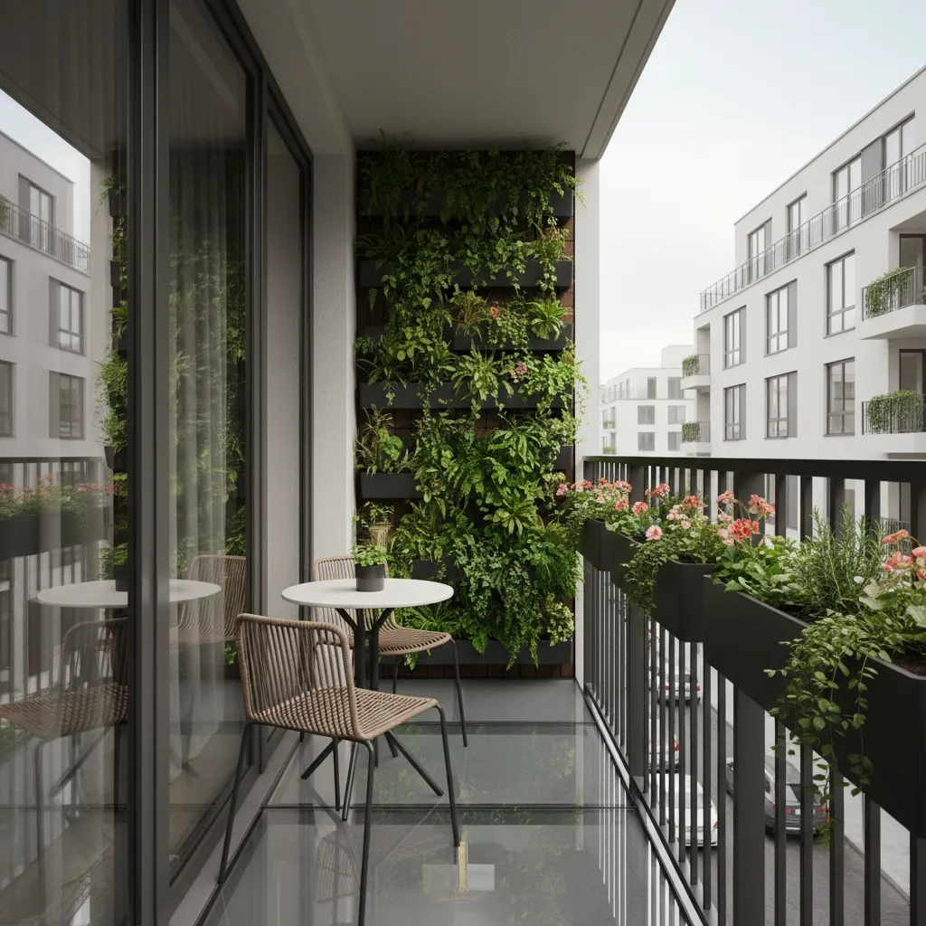 narrow balcony using vertical plant wall and railing planters