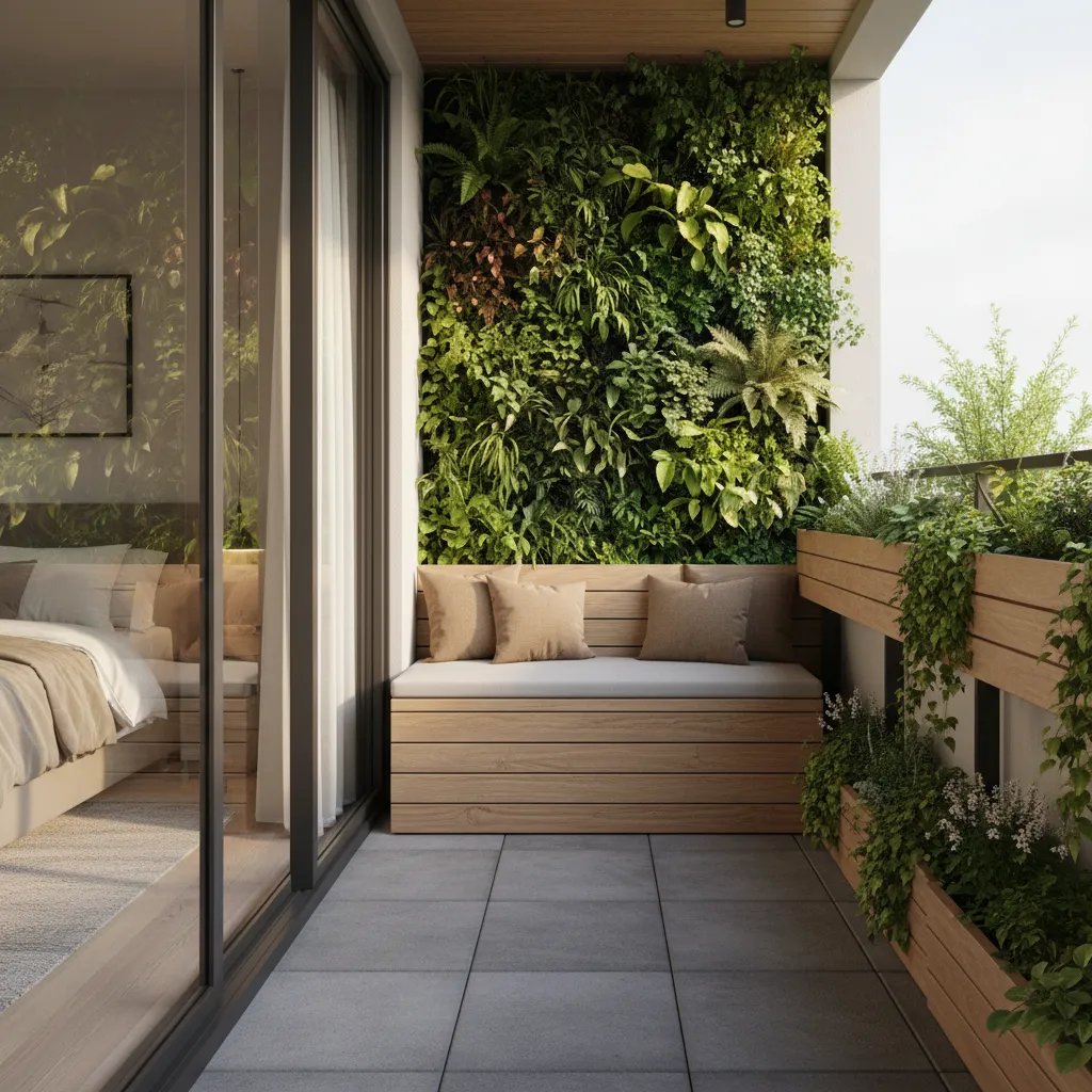 Vertical planter wall and railing planters on a small bedroom deck