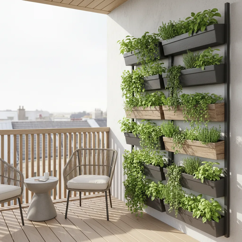 Vertical wall planters decorating a small bedroom deck