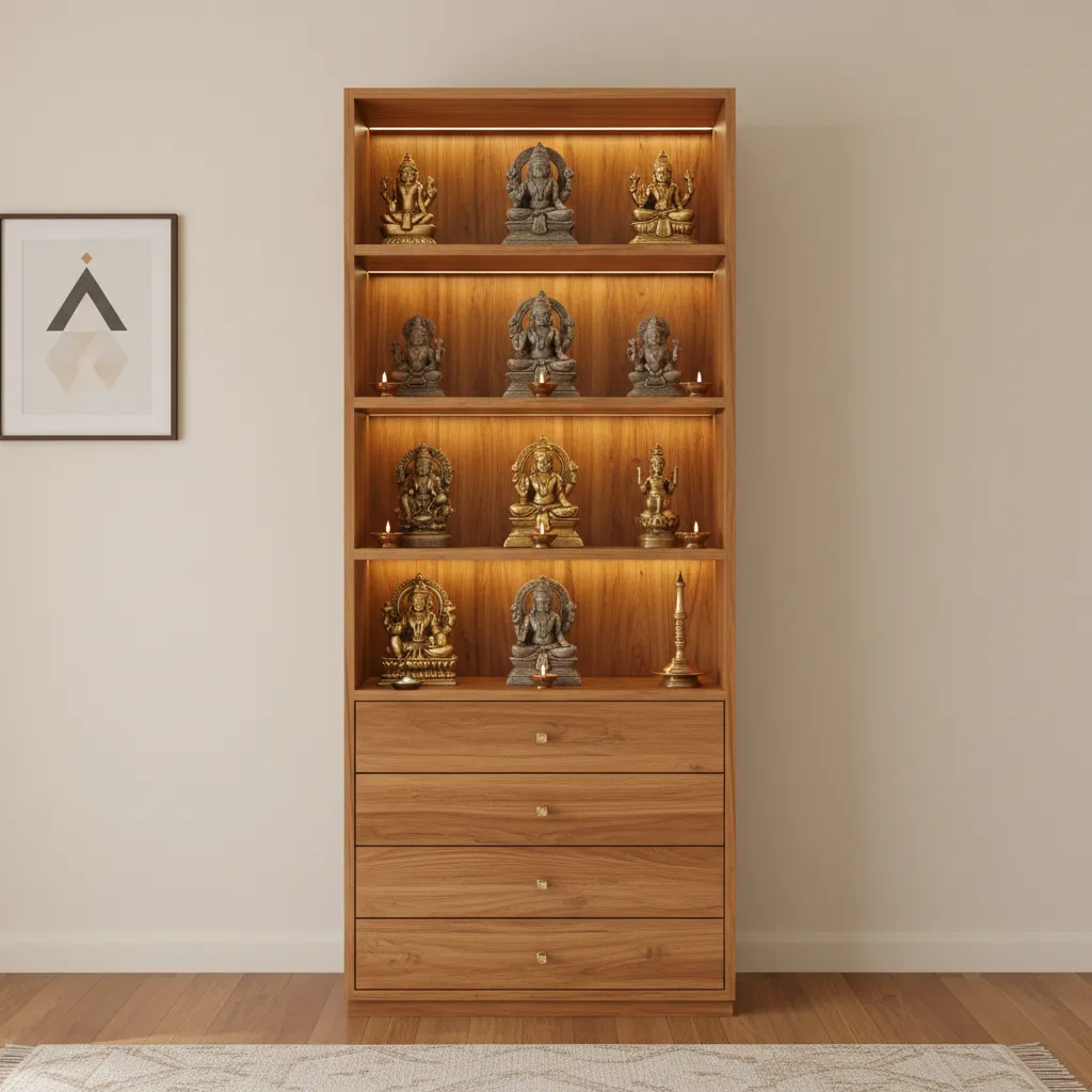 vertical pooja cupboard with shelves and drawers in a small home