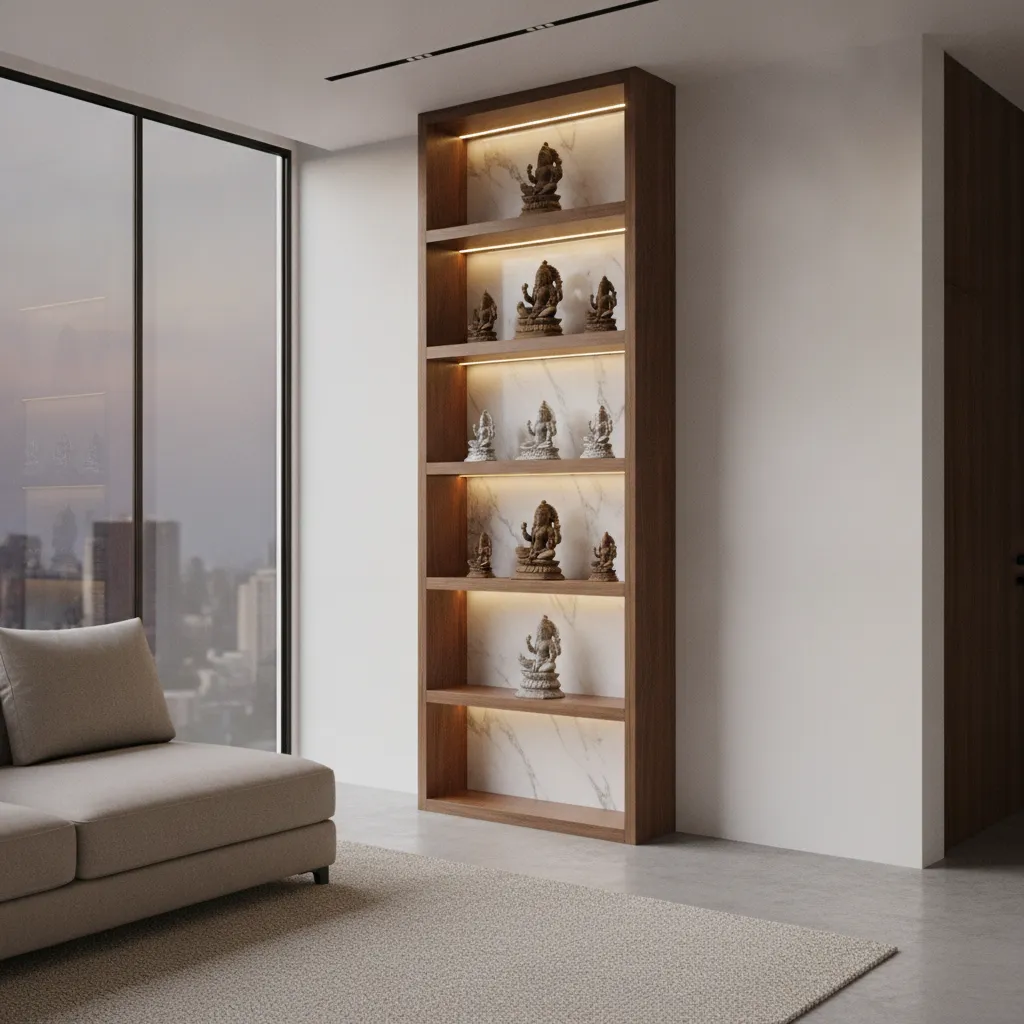 Tall vertical pooja cupboard with shelves and storage drawers