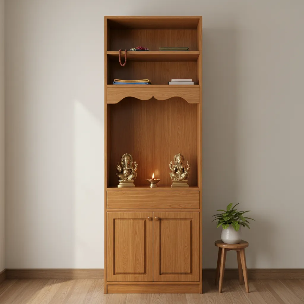 Tall vertical pooja cupboard with storage shelves and deity niche