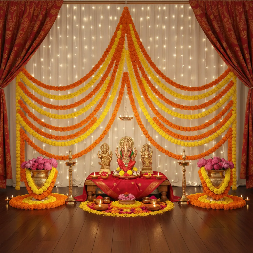 vertical marigold garland backdrop behind Lakshmi idol decoration