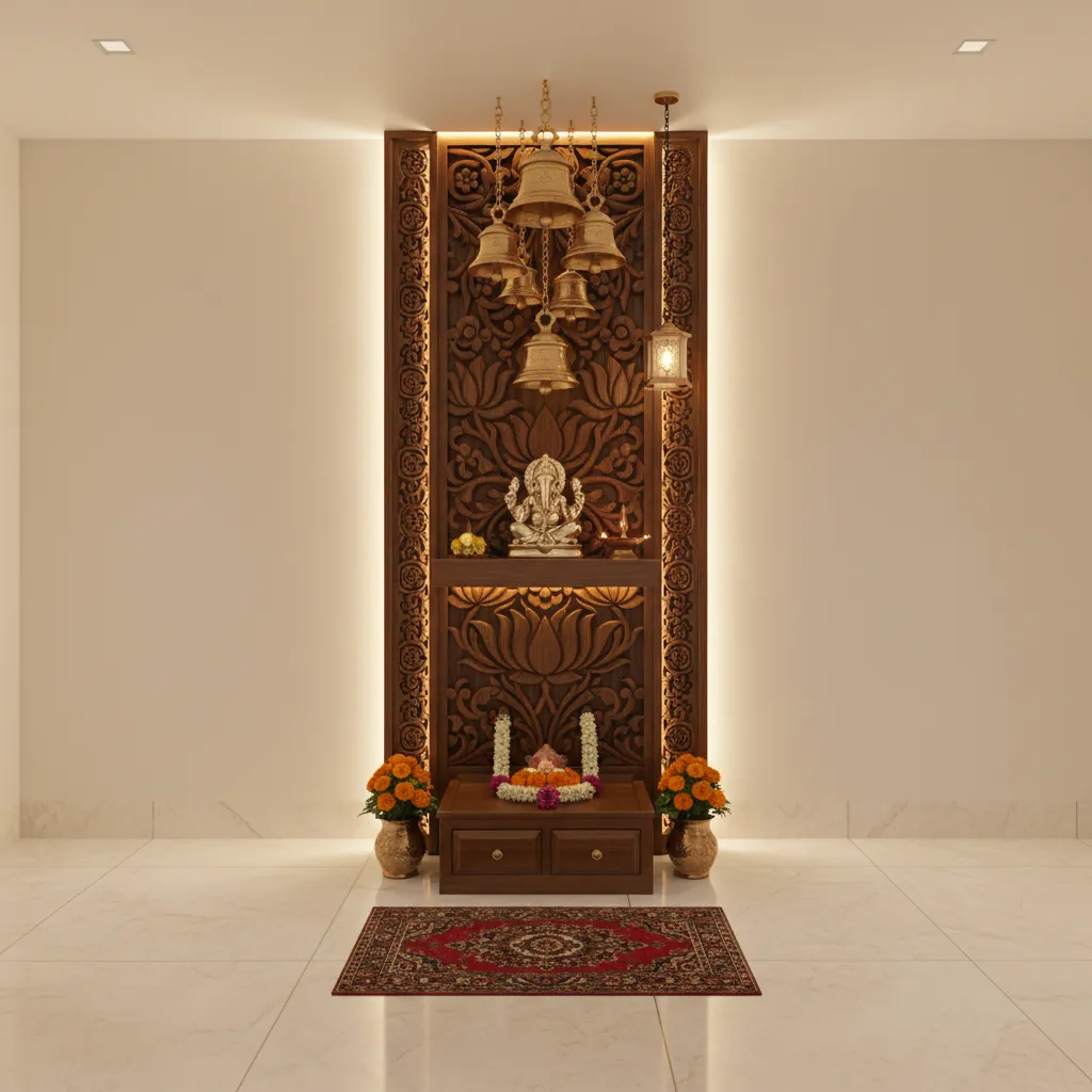 vertical pooja decoration with hanging bells and carved panel behind mandir