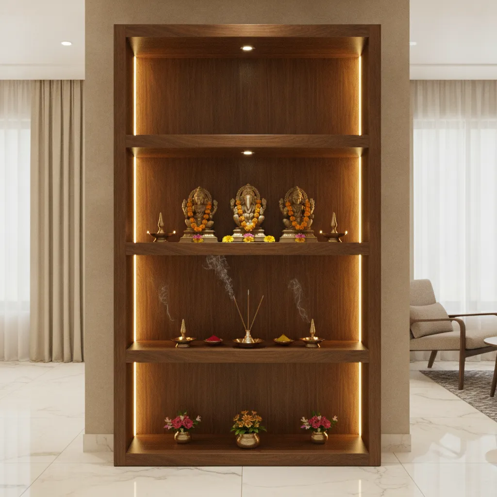 Vertical pooja mandir shelves with organized prayer items