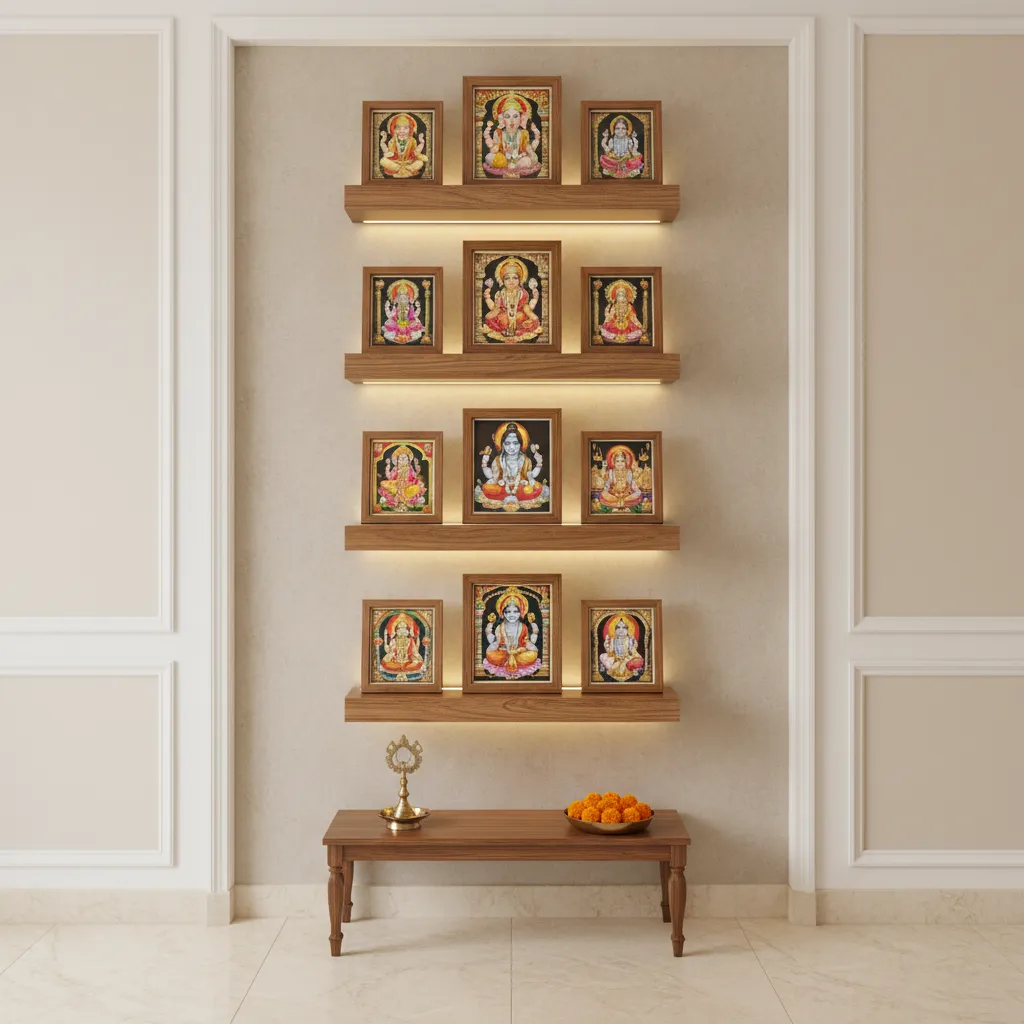 Vertical arrangement of deity photo frames in a small pooja wall