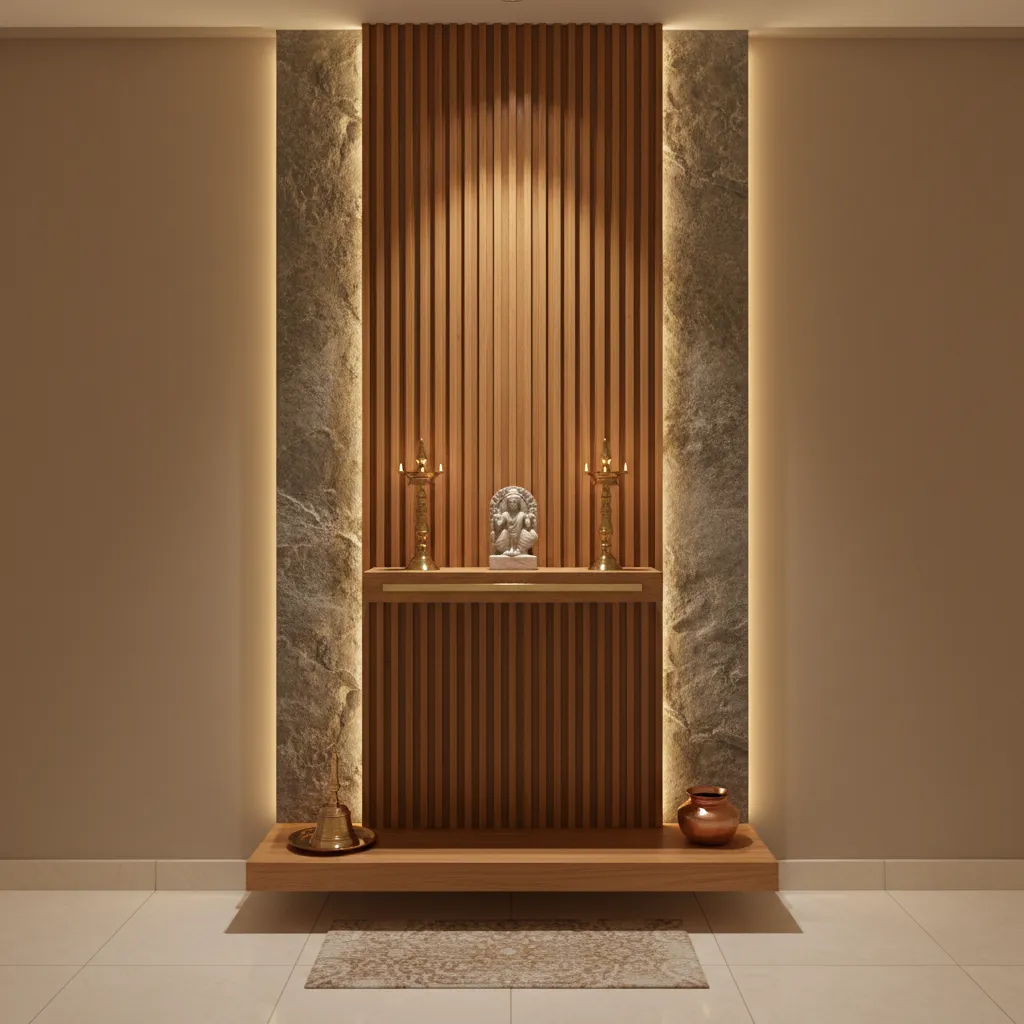 Vertical pooja wall design with tall back panel and lighting