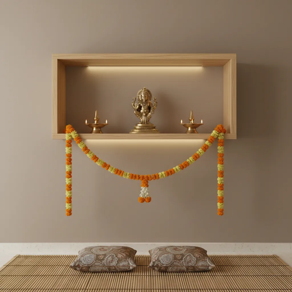 Vertical pooja shelf layout in a small apartment