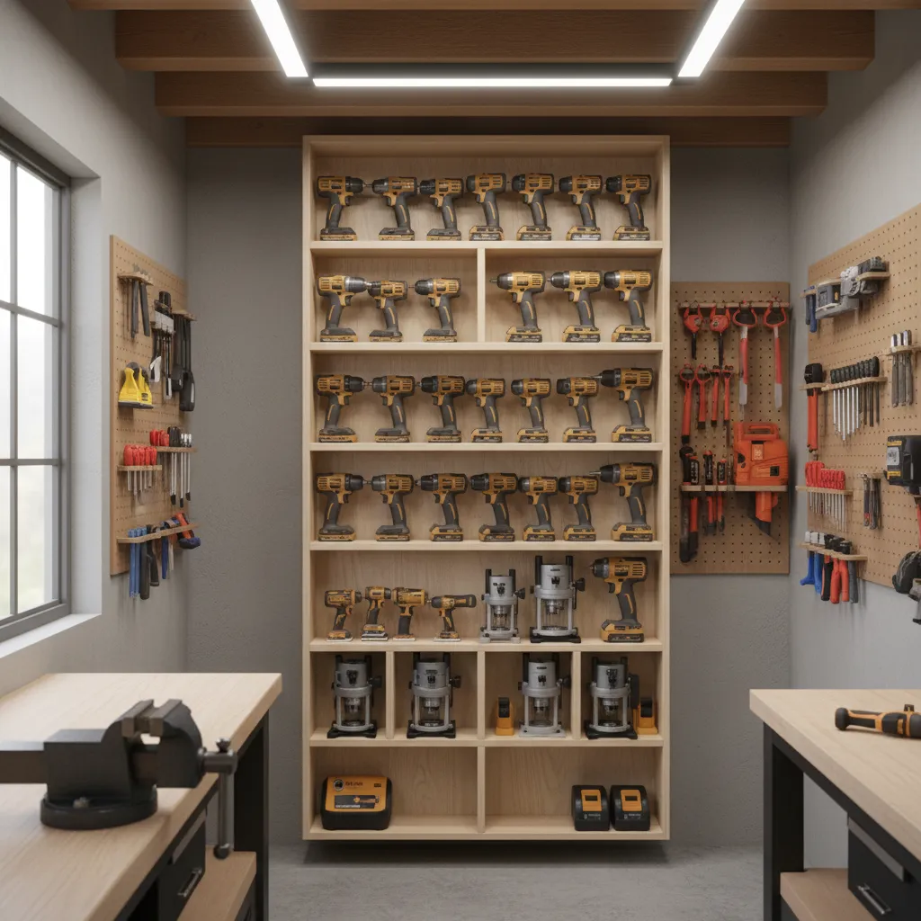 tall vertical cabinet storing drills sanders and power tools in a small workshop