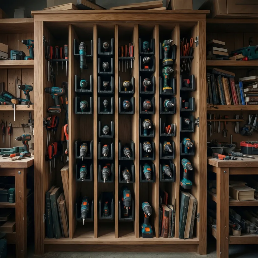 vertical storage slots for cordless drills and power tools inside cabinet