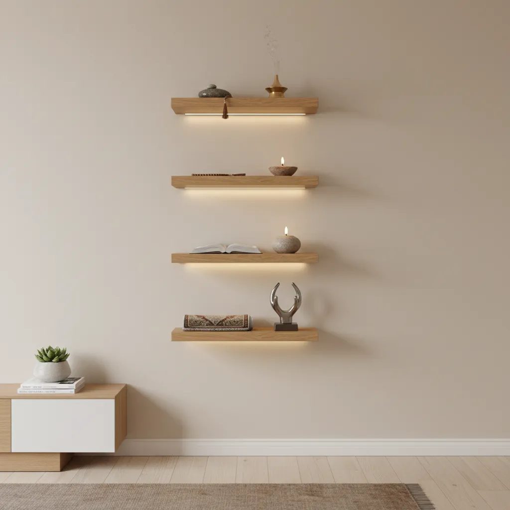 Vertical floating shelves holding sacred items in a small prayer corner