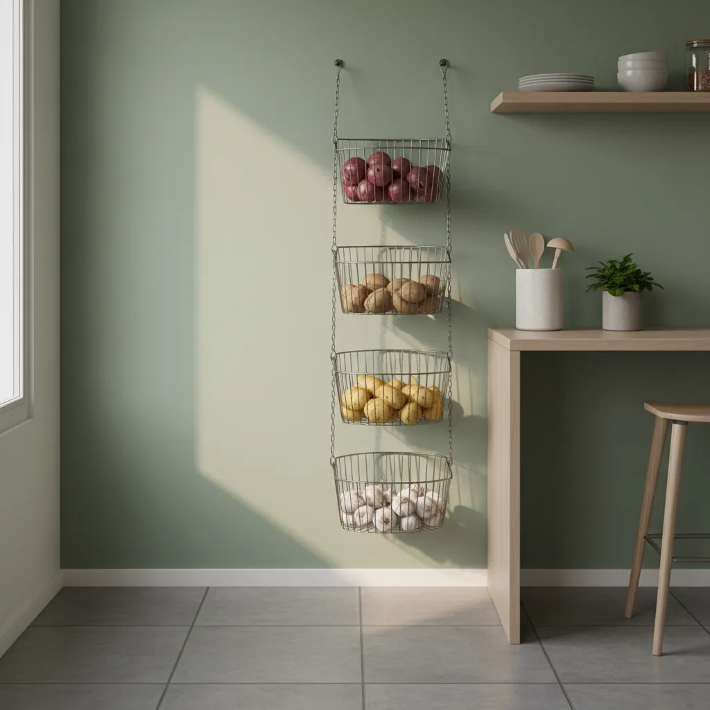 vertical hanging baskets storing onions potatoes and garlic in small kitchen