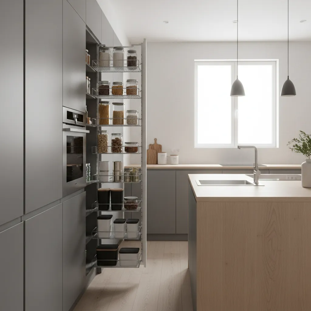 Tall vertical pull-out pantry cabinet inside a small kitchen