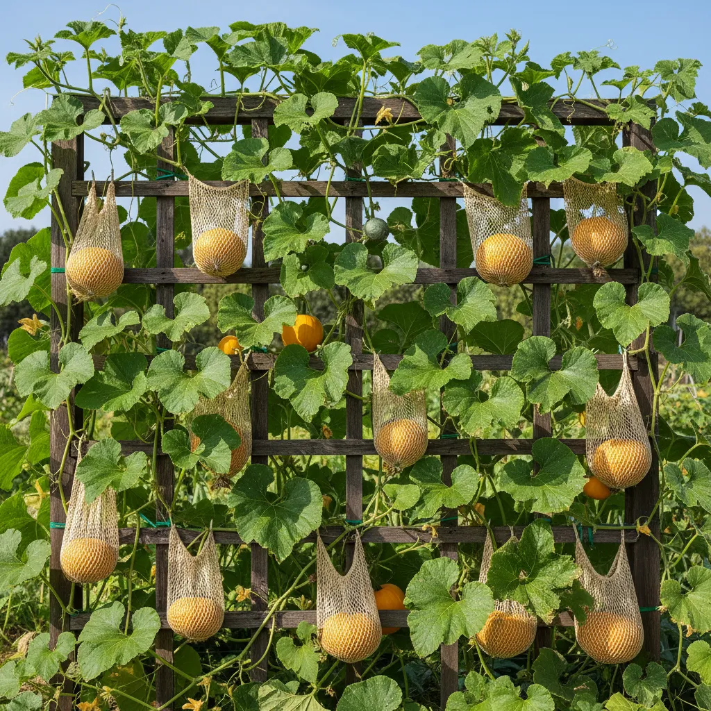 Pumpkin vines climbing a vertical trellis with fruit supported by mesh slings