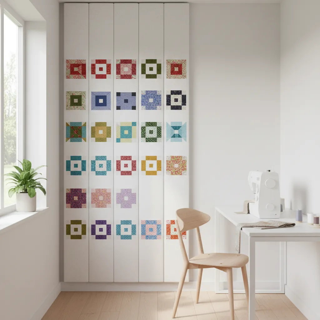 Vertical foam board quilt design wall in a compact sewing room