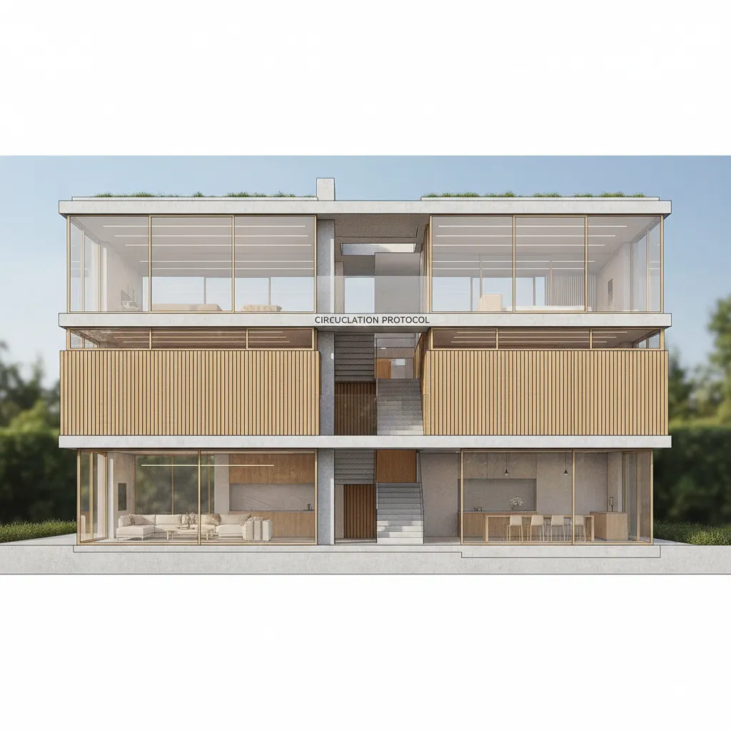 Modern three story interior design drawing with large windows wood wall panels and central stairs design