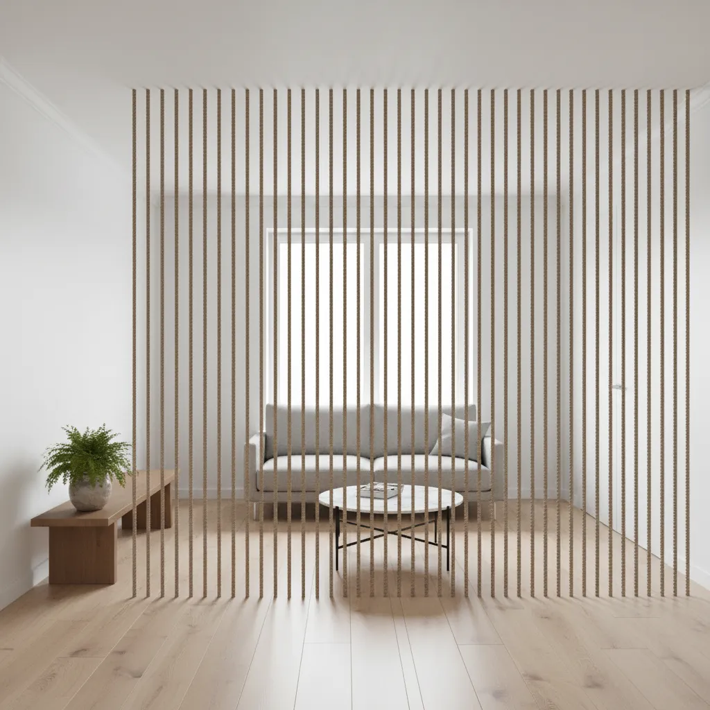 Vertical rope grid wall design emphasizing height in small room