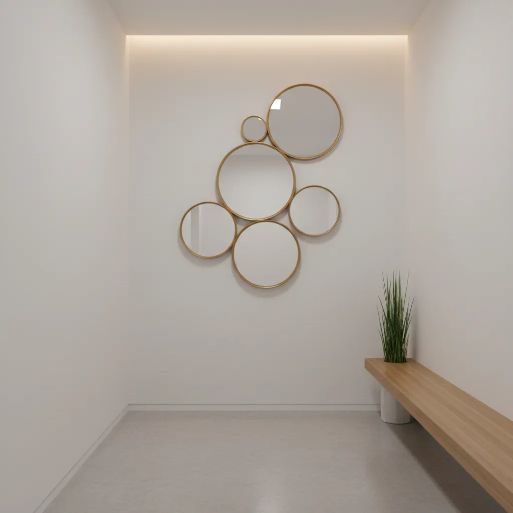 vertical arrangement of round mirrors on a narrow wall