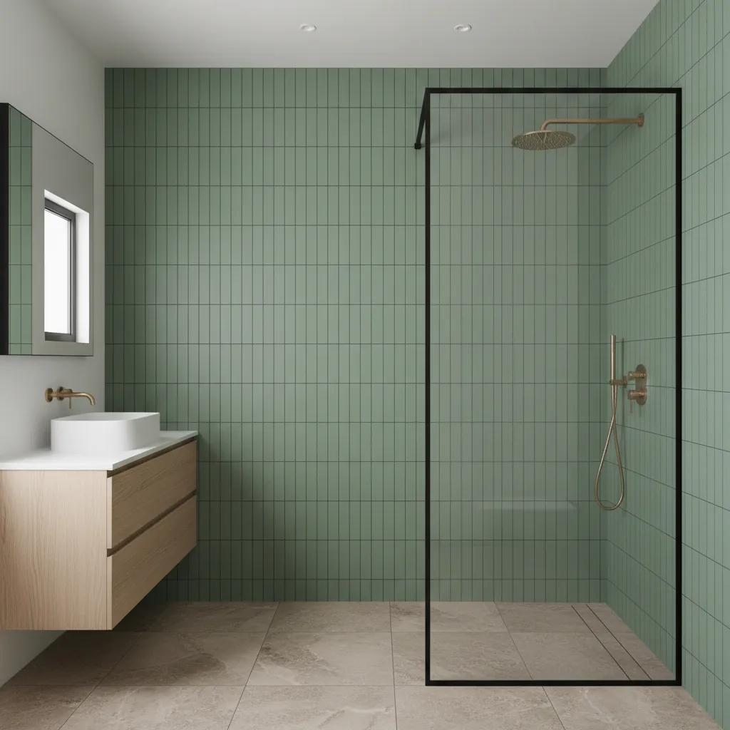 vertical stacked sage green tiles in modern shower wall