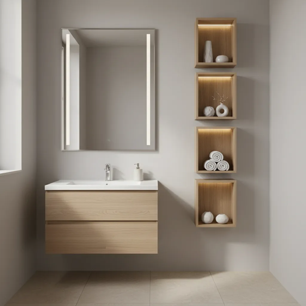Vertical arrangement of three shadow boxes beside a bathroom mirror