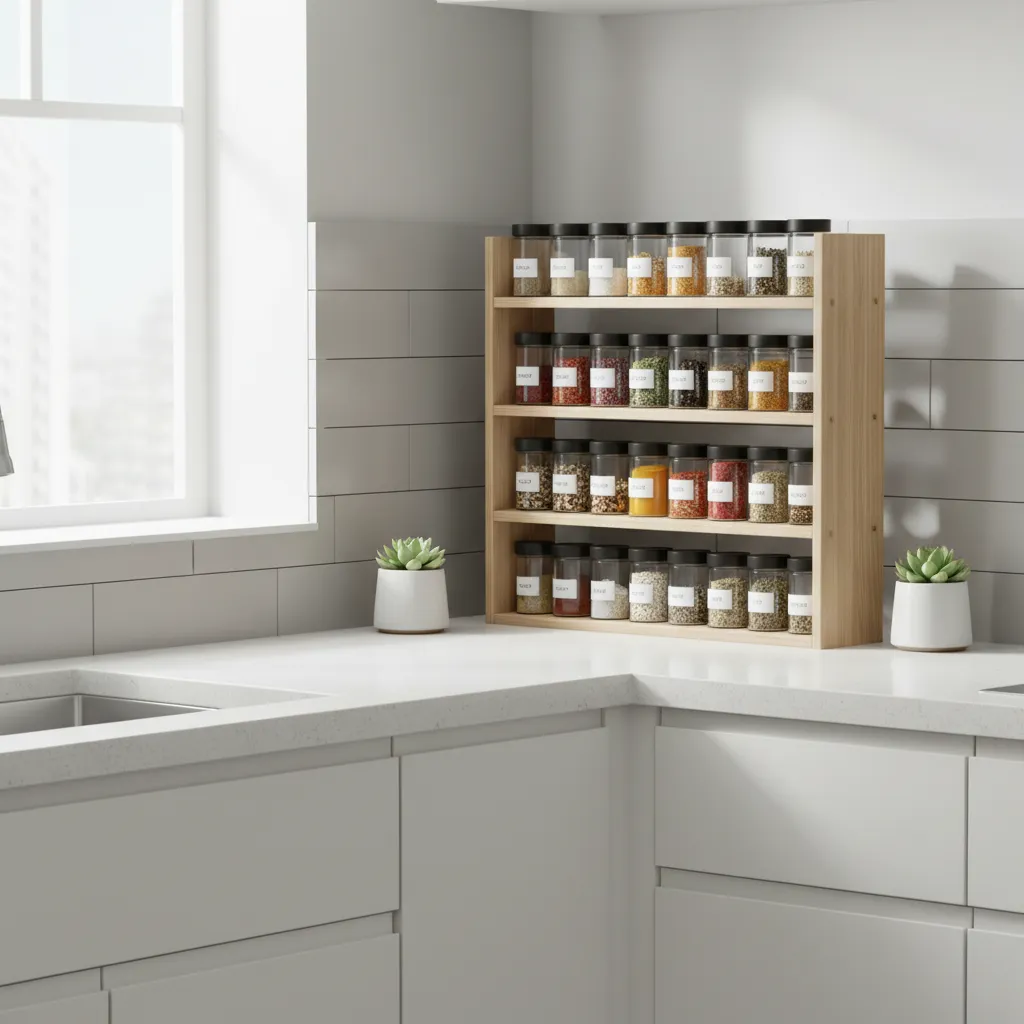 vertical shelf countertop organizer storing spice jars in small kitchen