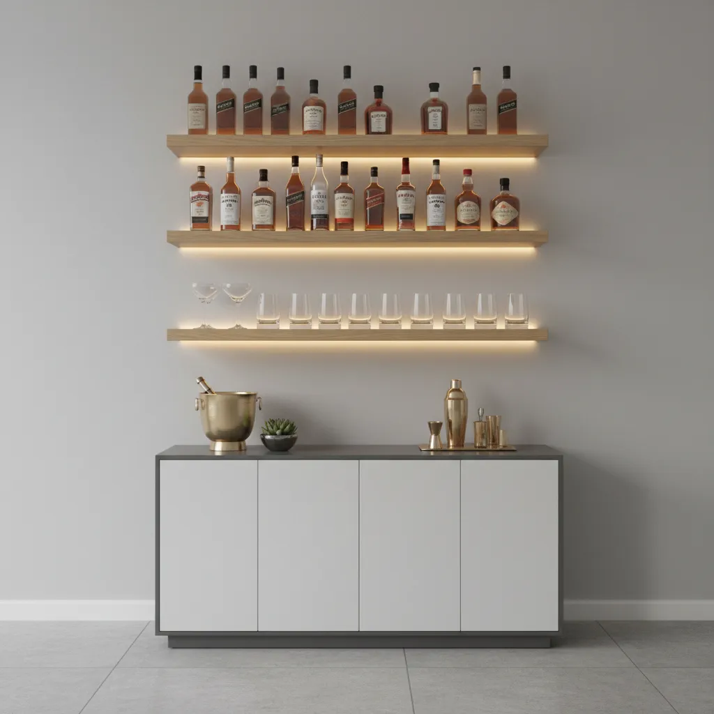 vertical floating shelves above compact home bar cabinet