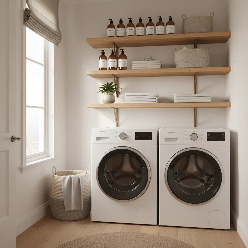 Vertical shelves installed above washer and dryer in a small laundry room