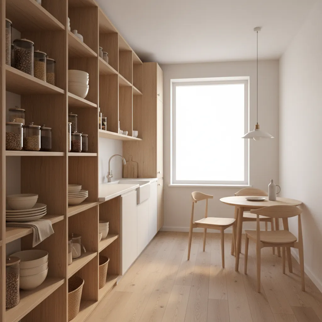 vertical wall shelving reaching near ceiling in small kitchen